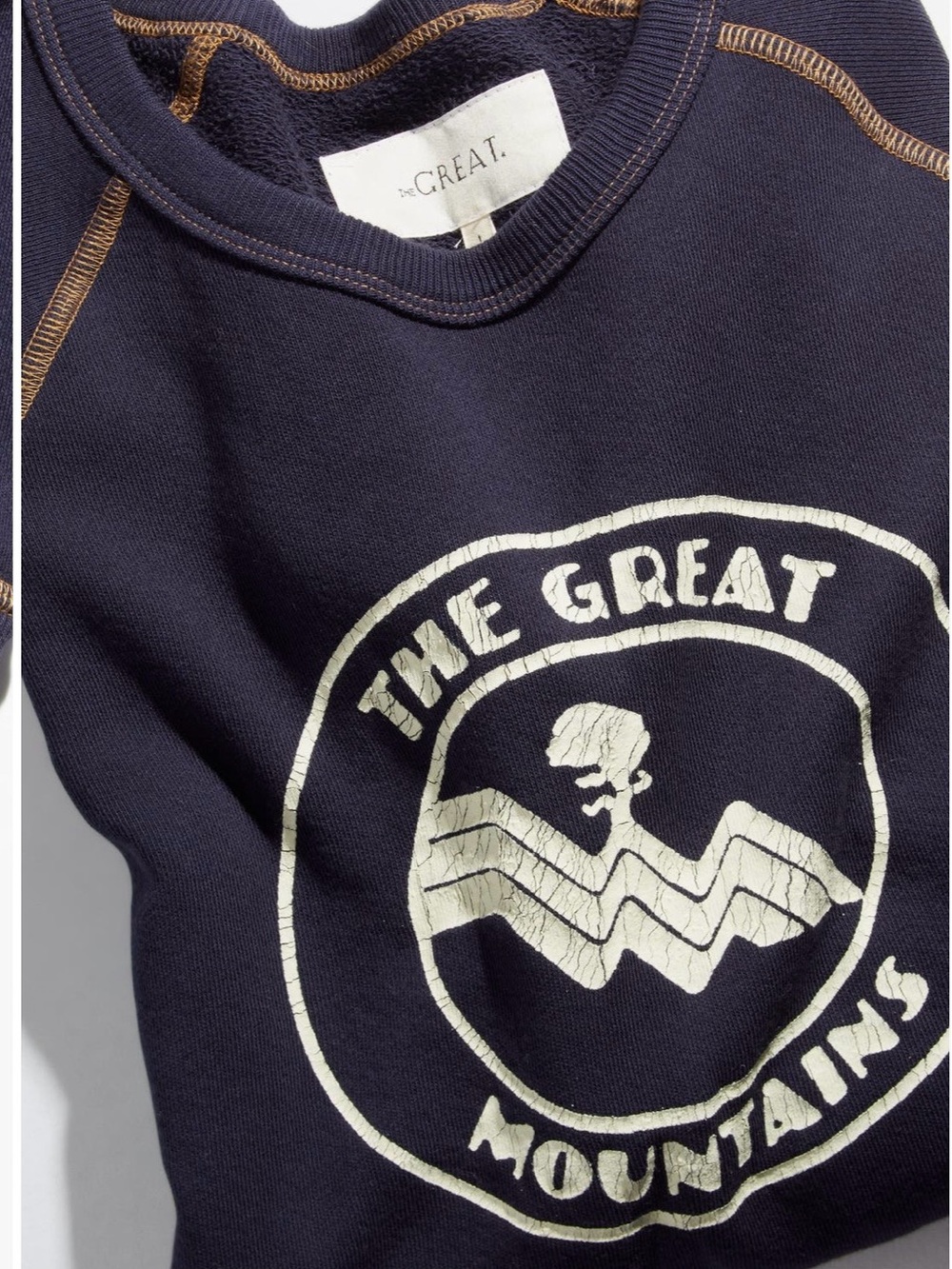 THE GREAT. Navy Sweatshirt with Cream Mountain Logo